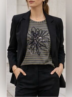 ✨Alison Sheri long sleeve top/charcoal grey,yellow stripes/sequin floral design✨